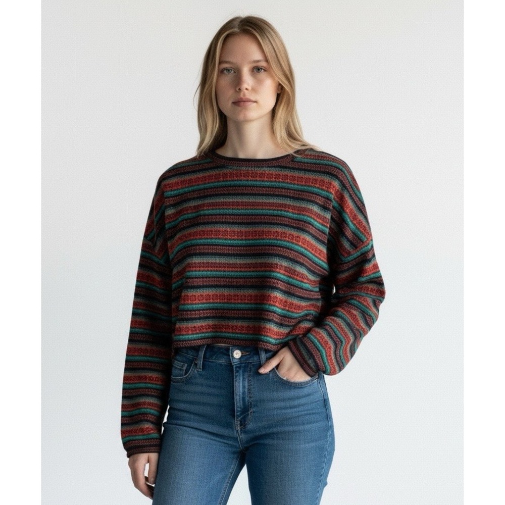 Women's XL Pullover Crew‎ Cropped Knit Sweater Top Orange Striped EUC